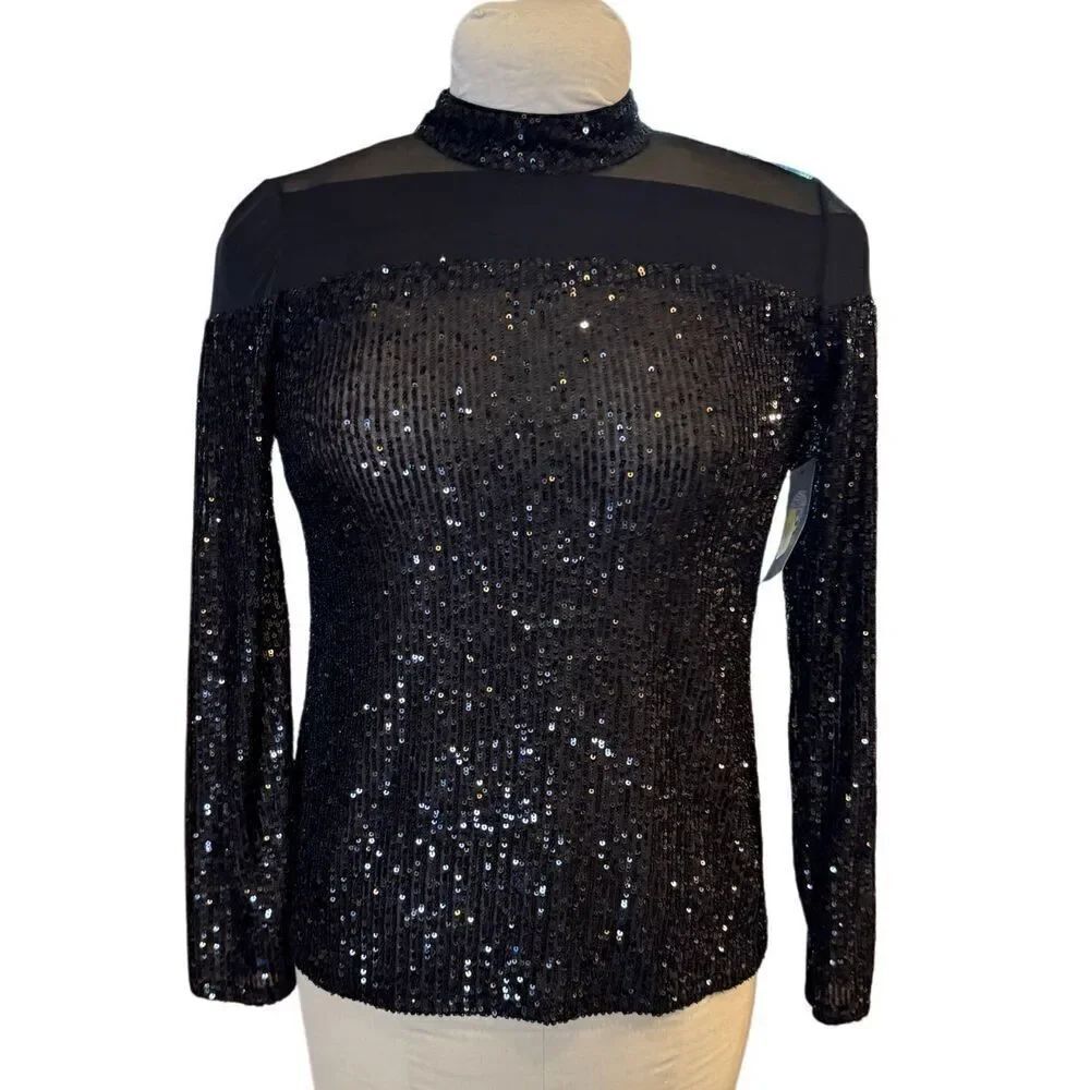 New! Vince Camuto Illusion Yoke Sequin Mick Neck Top Sz. S Occasion